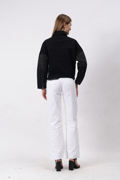 Gaiia Swaroski Studded Black Denim Jacket - Black