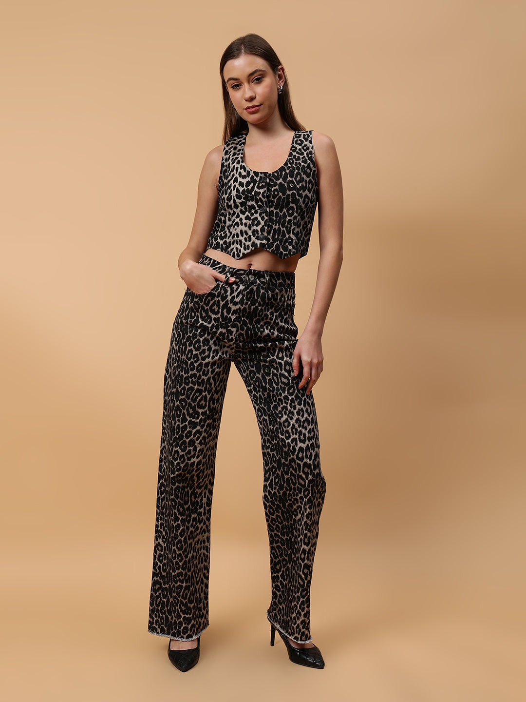 Gaiia Leopard Print Denim Waistcoat - Black