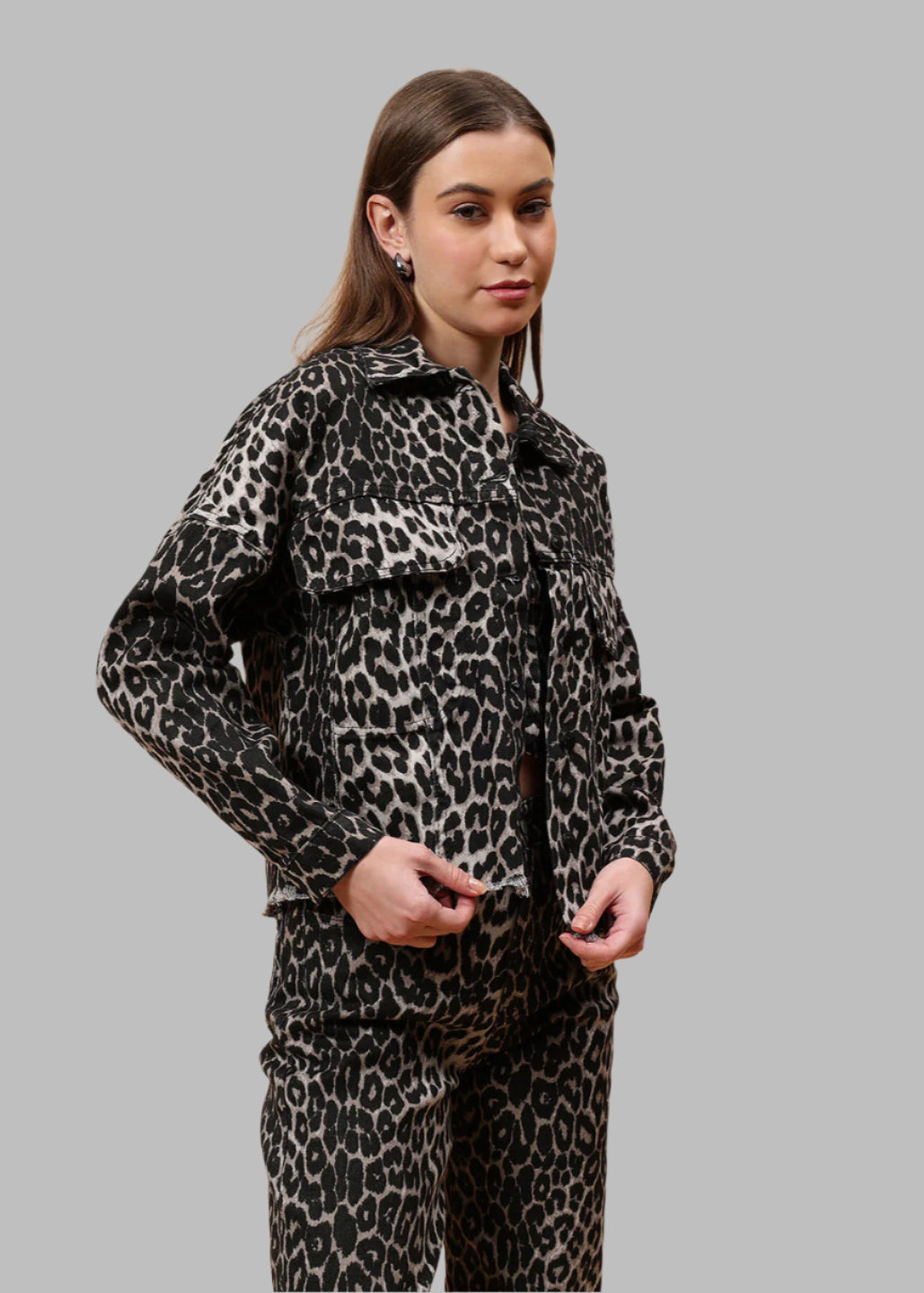 Gaiia Denim Jacket Leopard Print - Black