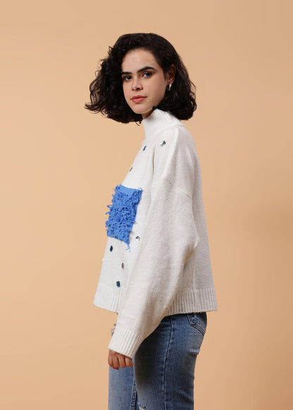 Gaiia High Neck White Embellished Pullover With Pocket