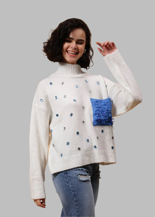 High Neck White Embellished Pullover With Pocket