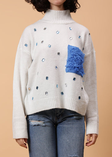 Gaiia High Neck White Embellished Pullover With Pocket