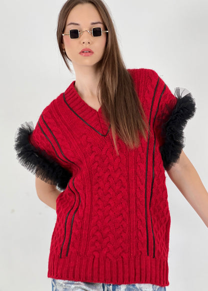 Gaiia Sleeveless Knit Vest (Sweater) With Tulle Sleeves