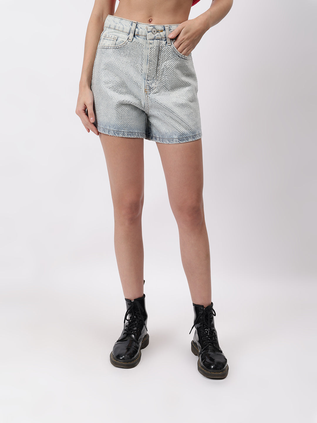 Gaiia Swaroski Studded Denim Shorts