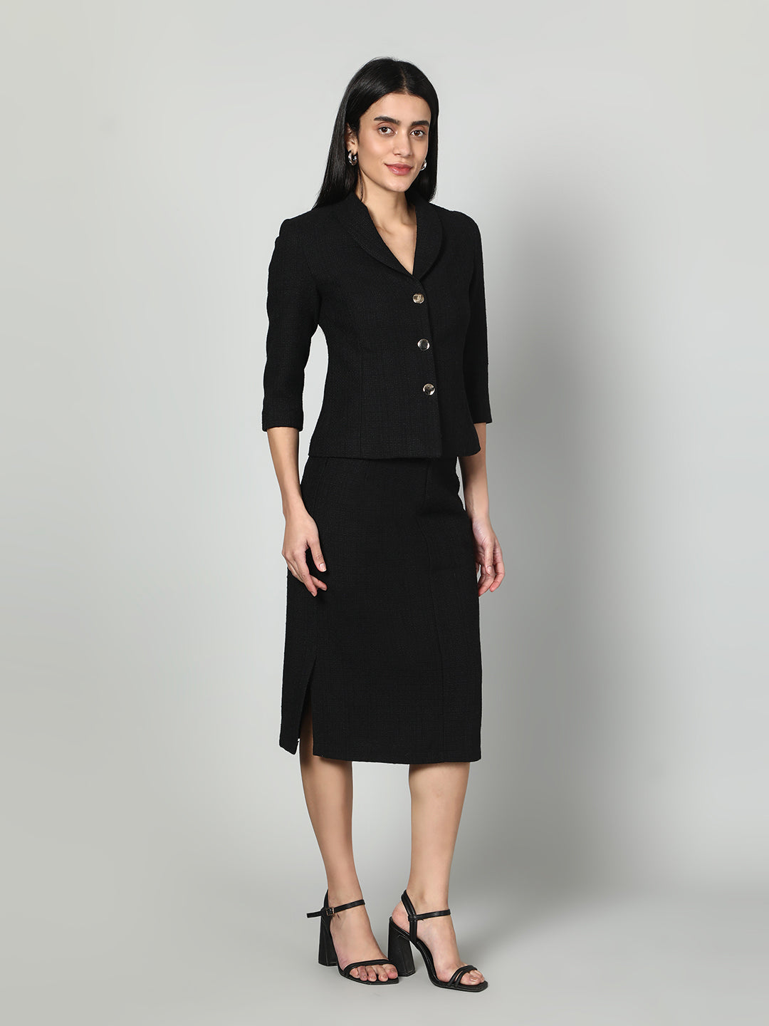 Gaiia Solid Color Tweed Blazer And Skirt Set