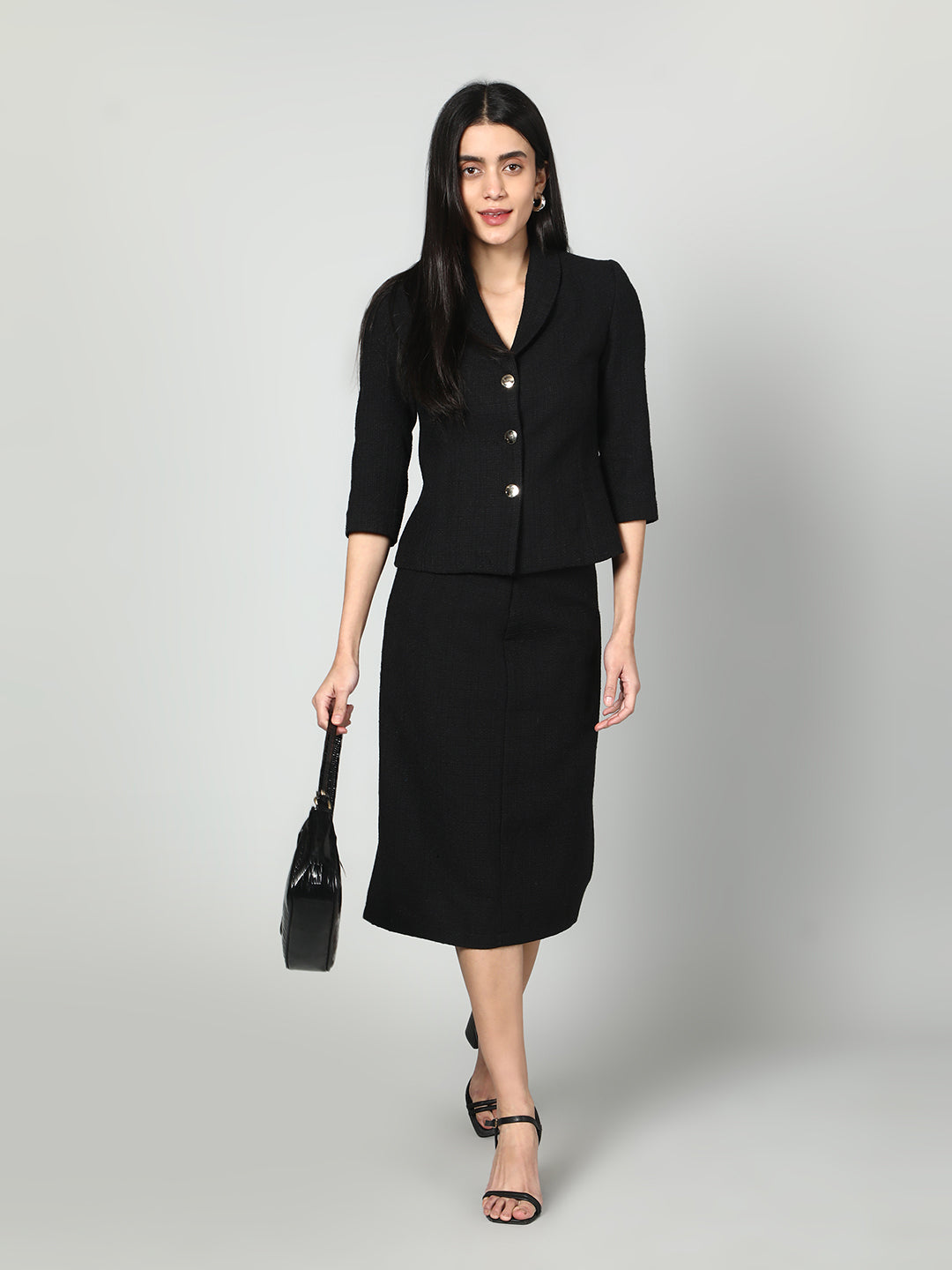 Gaiia Solid Color Tweed Blazer And Skirt Set