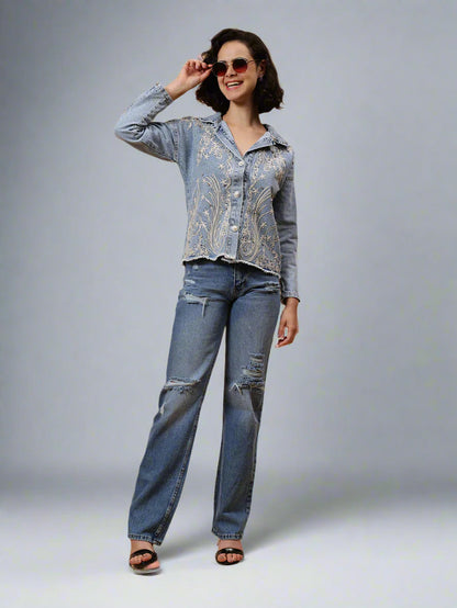 Gaiia Embroided Denim Jacket - Blue