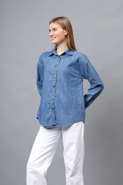 Gaiia Wavy Shimmer Denim Shirt