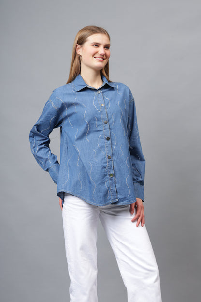 Gaiia Wavy Shimmer Denim Shirt