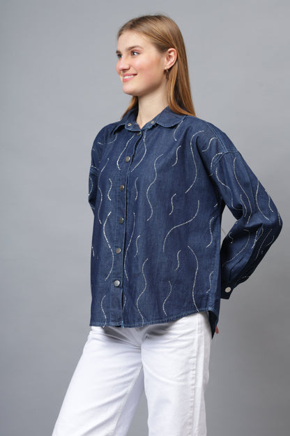 Gaiia Wavy Shimmer Denim Shirt