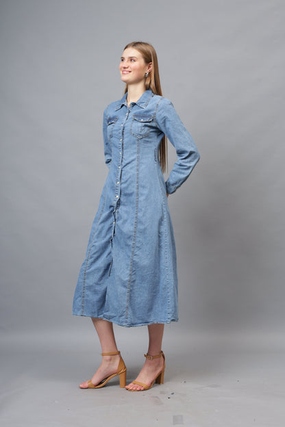 Gaiia Denim Long Buttoned Dress - Blue