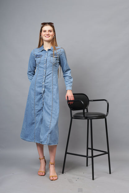 Gaiia Denim Long Buttoned Dress - Blue