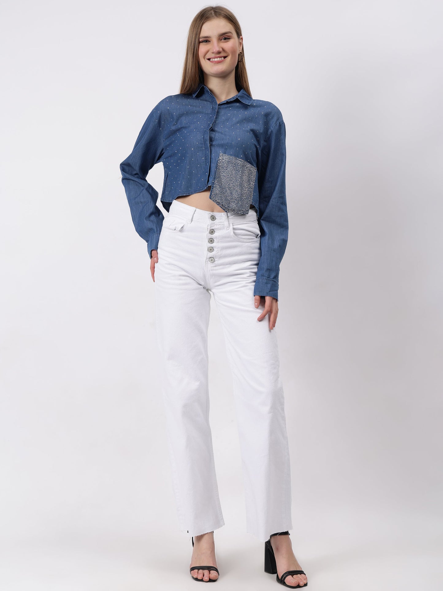 Gaiia Swaroski Studded Cropped Shirt - Blue