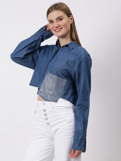 Gaiia Swaroski Studded Cropped Shirt - Blue