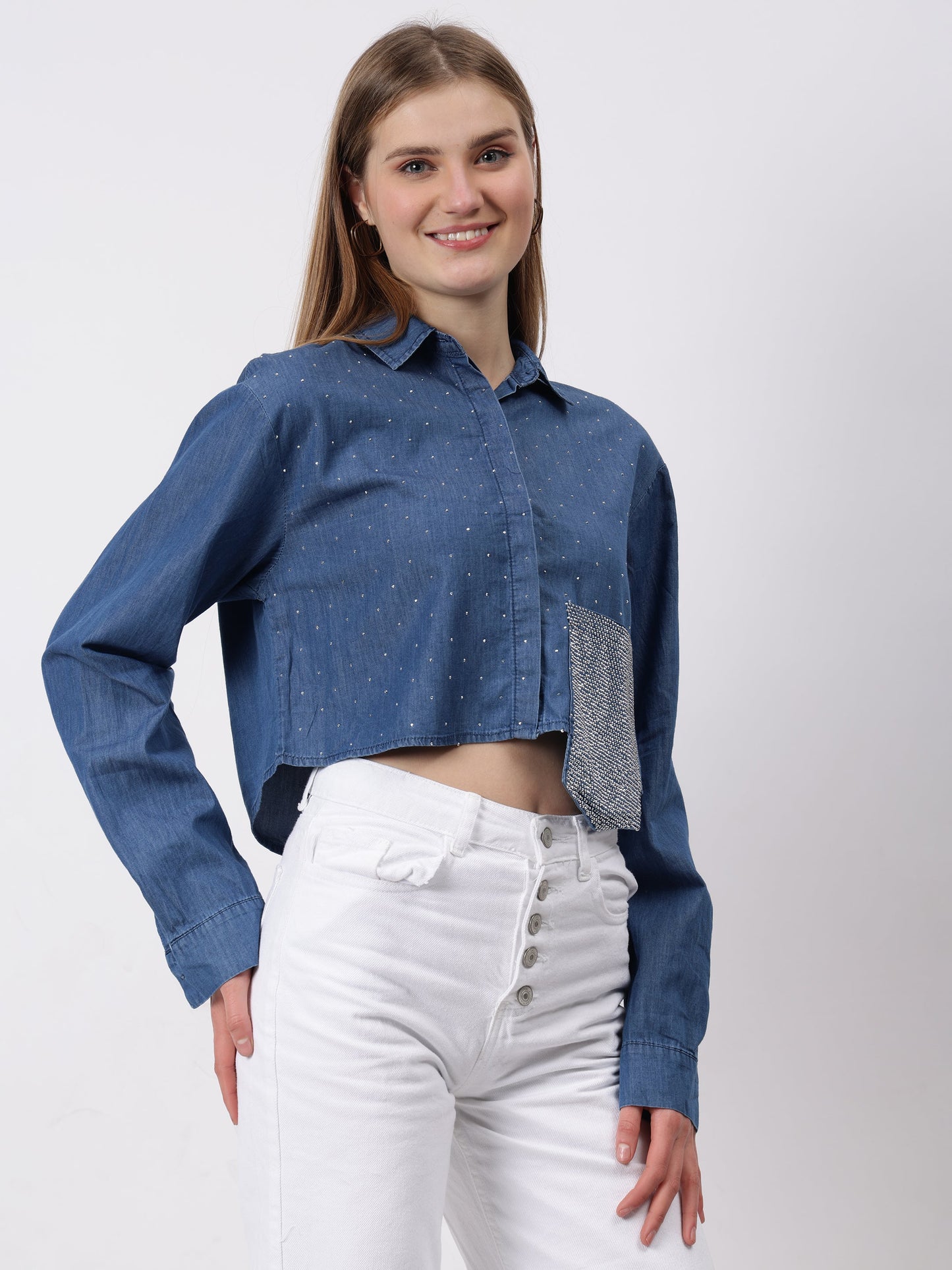 Gaiia Swaroski Studded Cropped Shirt - Blue