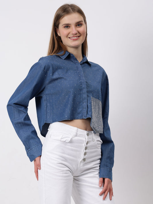 Gaiia Swaroski Studded Cropped Shirt - Blue