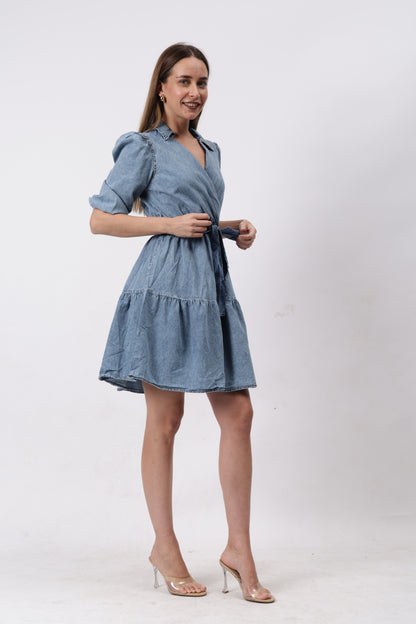 Gaiia Wrap Around Denim Dress - Blue