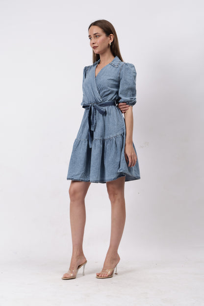 Gaiia Wrap Around Denim Dress - Blue