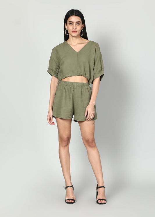 OLIVE GREEN CROPPED OVERSIZE TOP AND SKIRT SET