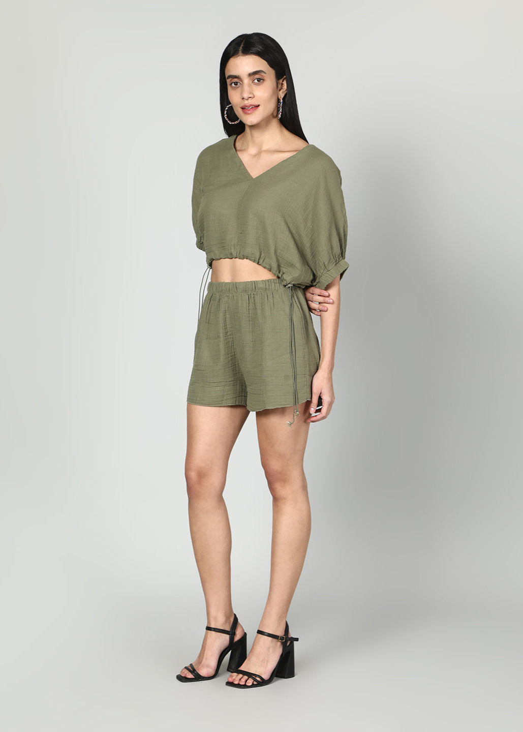 Gaiia Cropped Oversize Top And Skirt Set - Olive Green