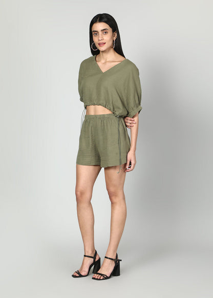 Gaiia Cropped Oversize Top And Skirt Set - Olive Green