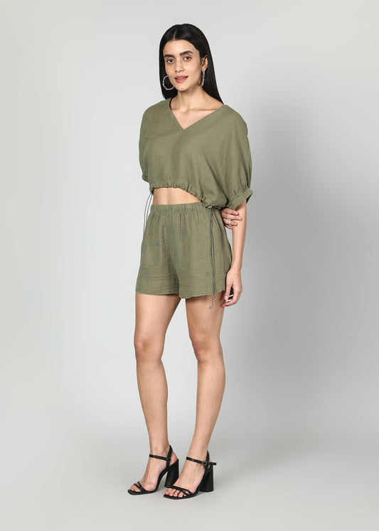 OLIVE GREEN CROPPED OVERSIZE TOP AND SKIRT SET