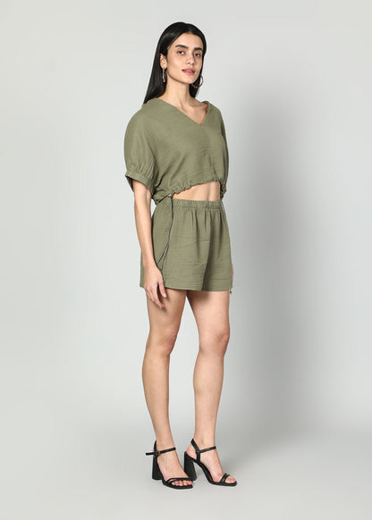 Gaiia Cropped Oversize Top And Skirt Set - Olive Green