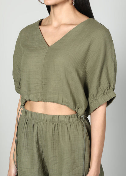 Gaiia Cropped Oversize Top And Skirt Set - Olive Green