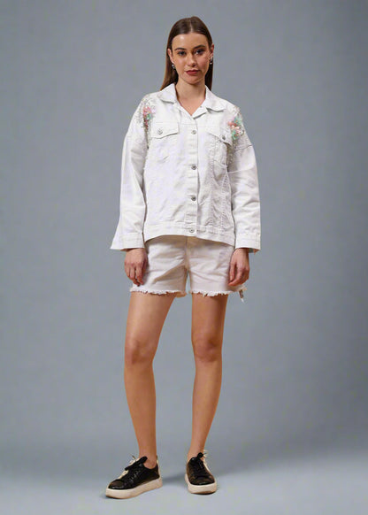 Gaiia Flower Embellished White Denim Jacket - White