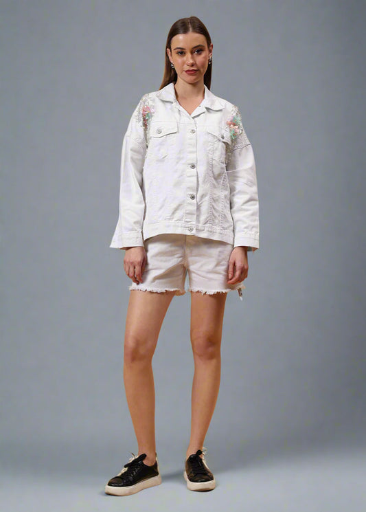 Gaiia Flower Embellished White Denim Jacket - White