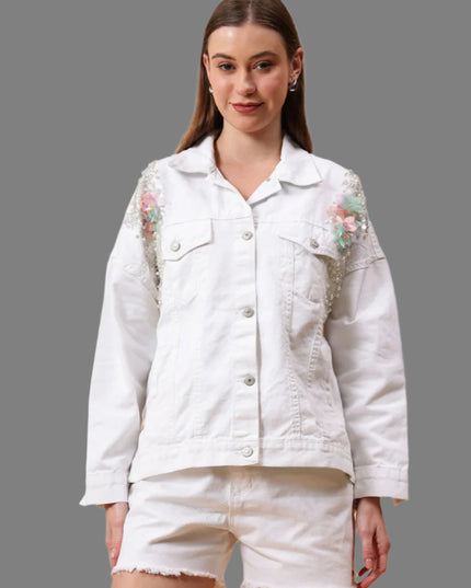 Flower Embellished White Denim Jacket