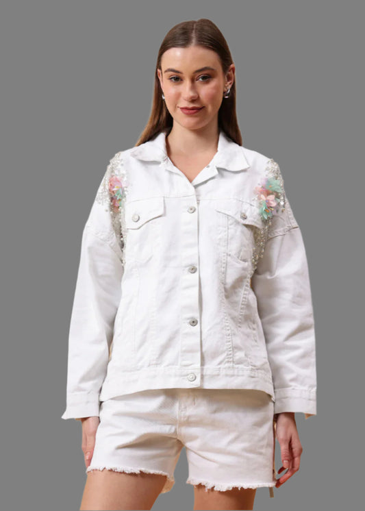 Flower Embellished White Denim Jacket