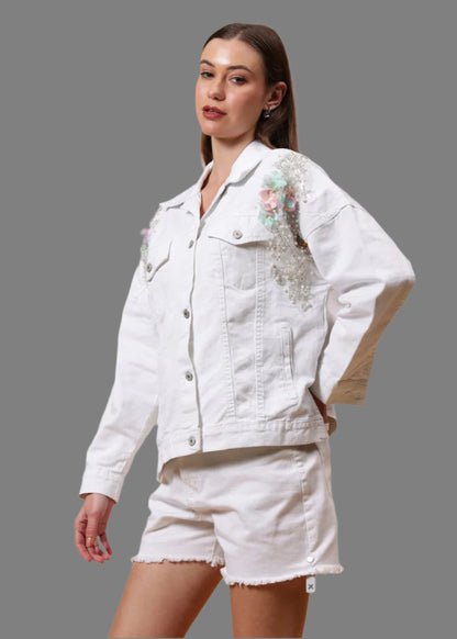 Gaiia Flower Embellished White Denim Jacket - White