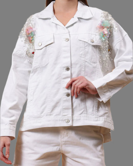 Flower Embellished White Denim Jacket