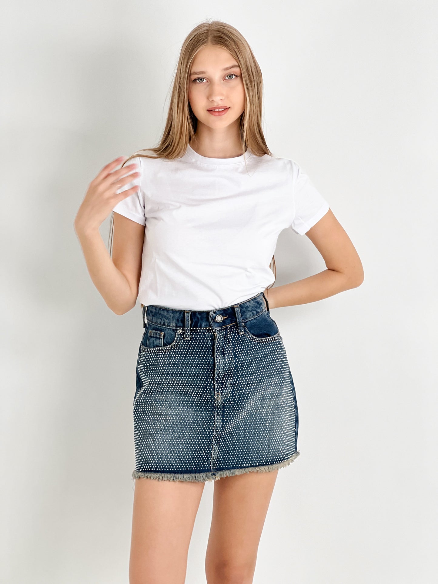 Gaiia Crystal-Embellished Denim Miniskirt
