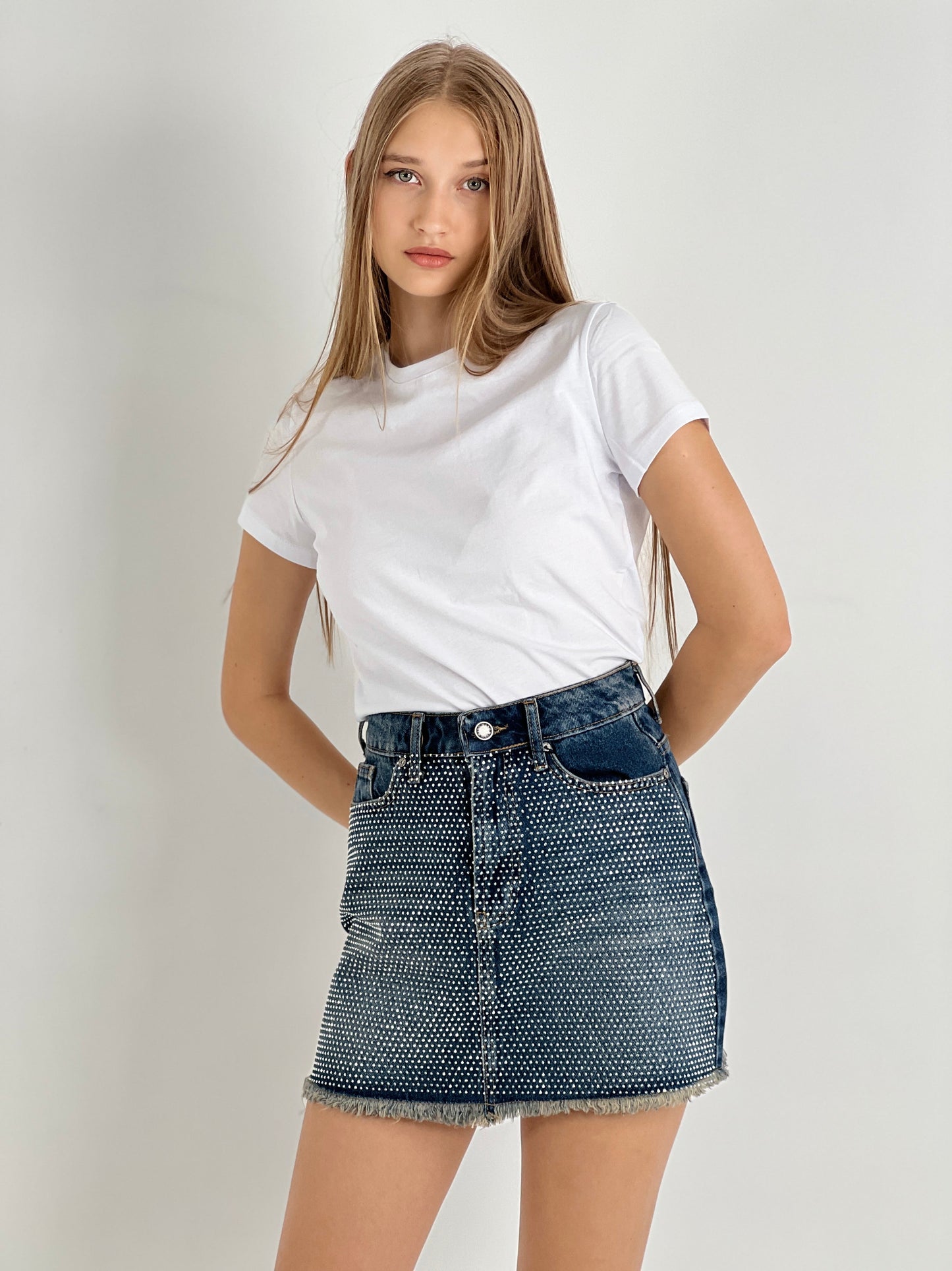 Gaiia Crystal-Embellished Denim Miniskirt