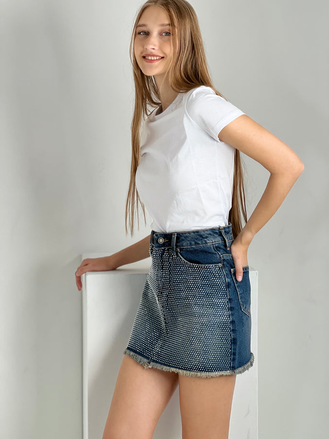 Crystal-Embellished Denim Miniskirt