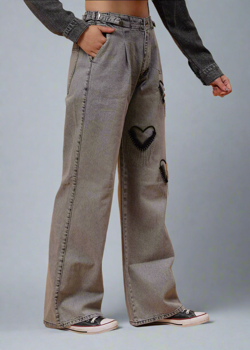 Gaiia Heart Design Wide Leg Denim