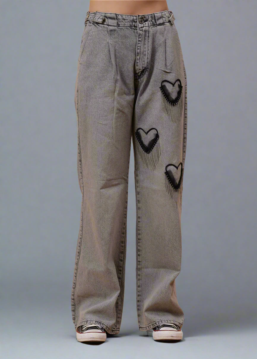 Gaiia Heart Design Wide Leg Denim