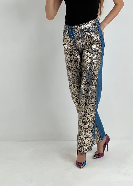 Golden Leopard Print Straight Leg Denim