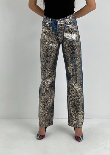 Gaiia Golden Leopard Print Straight Leg Denim
