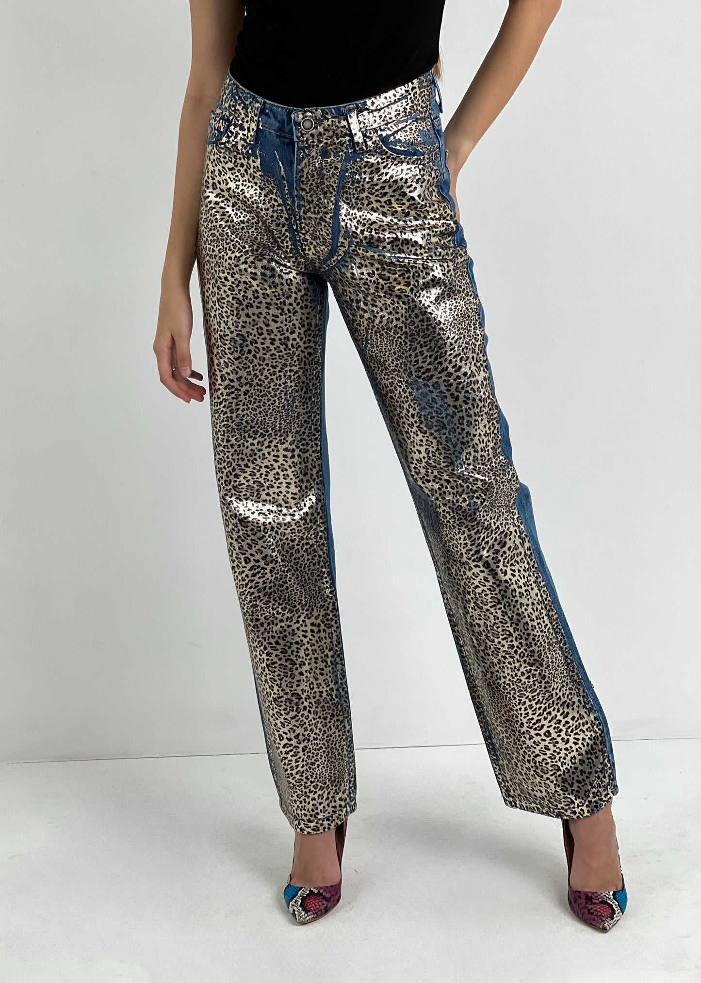 Gaiia Golden Leopard Print Straight Leg Denim