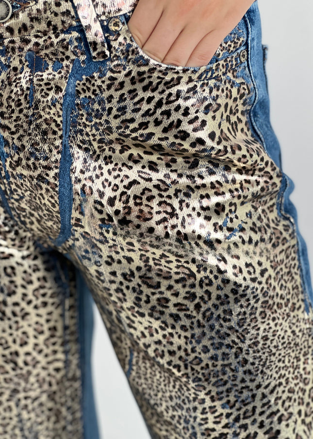 Golden Leopard Print Straight Leg Denim