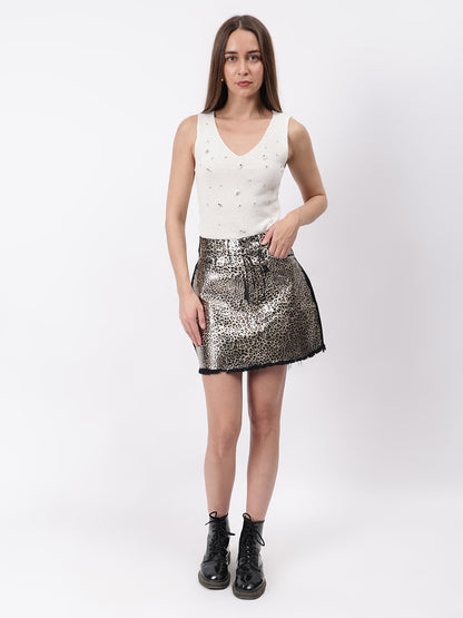 Gaiia Golden Leopard Print Denim Mini Skirt