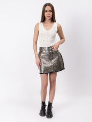 Gaiia Golden Leopard Print Denim Mini Skirt