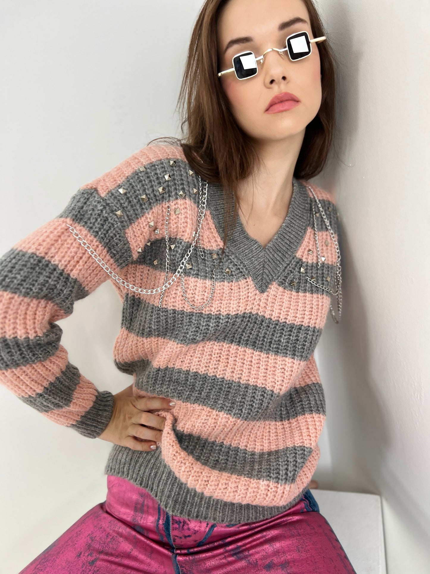 Gaiia Striped Pattern Oversize Knitwear Sweater