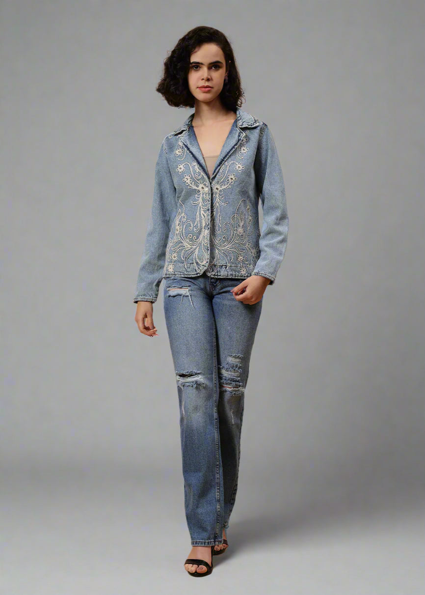 Gaiia Embroided Denim Blazer - Blue
