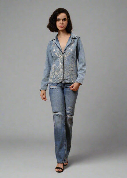 Gaiia Embroided Denim Blazer - Blue