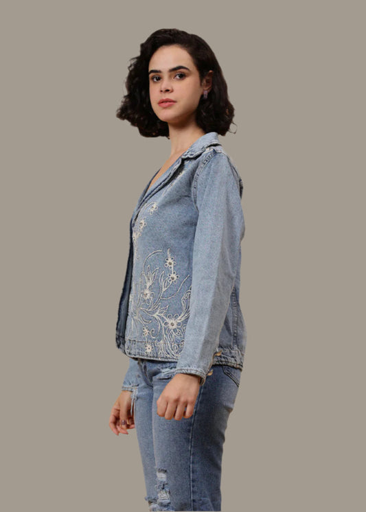 Gaiia Embroided Denim Blazer - Blue