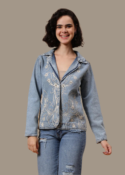 Gaiia Embroided Denim Blazer - Blue